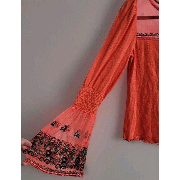 Free People High Tides Embroidered Mesh Bell Sleeve Top Coral Boho Sheer Size S - Picture 7 of 13